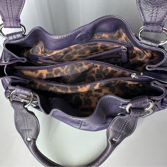 B. Makowsky Purple Pebbled Leather Satchel Cheetah Lining EUC - Picture 10 of 16